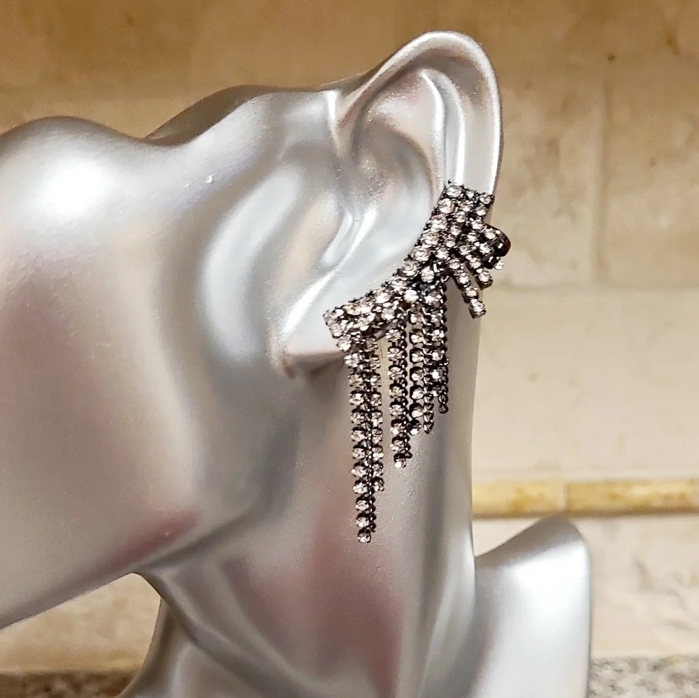 New Gunmetal Crystal Fringe Ear Climbers Earrings